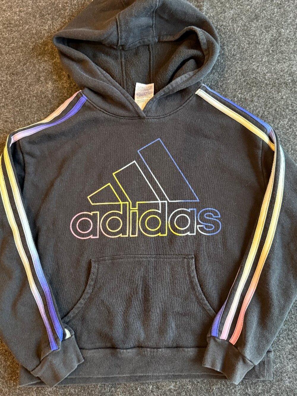 Adidas Girls Size 14 Black Rainbow Logo Hoodie Sweatshirt